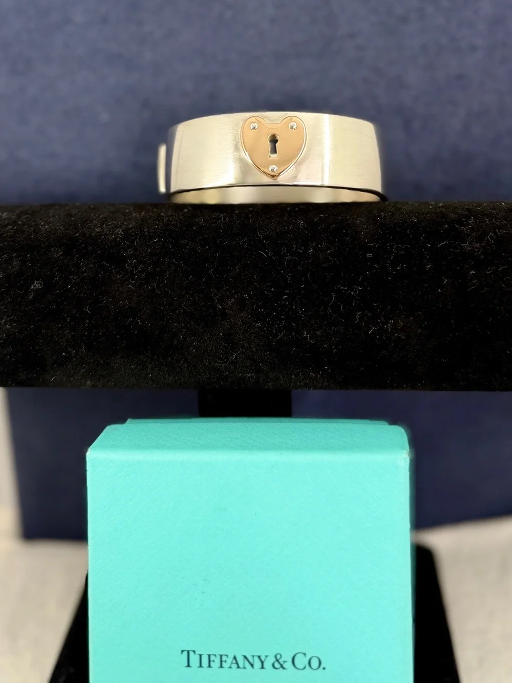 TIFFANY & CO. Sterling Silver 18K Yellow Gold Keyhole Hinge Bangle Bracelet COA